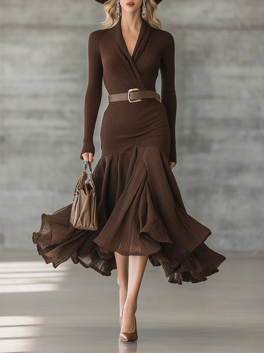 Simple V-neck Hem Stitching Crinkled Midi Dress