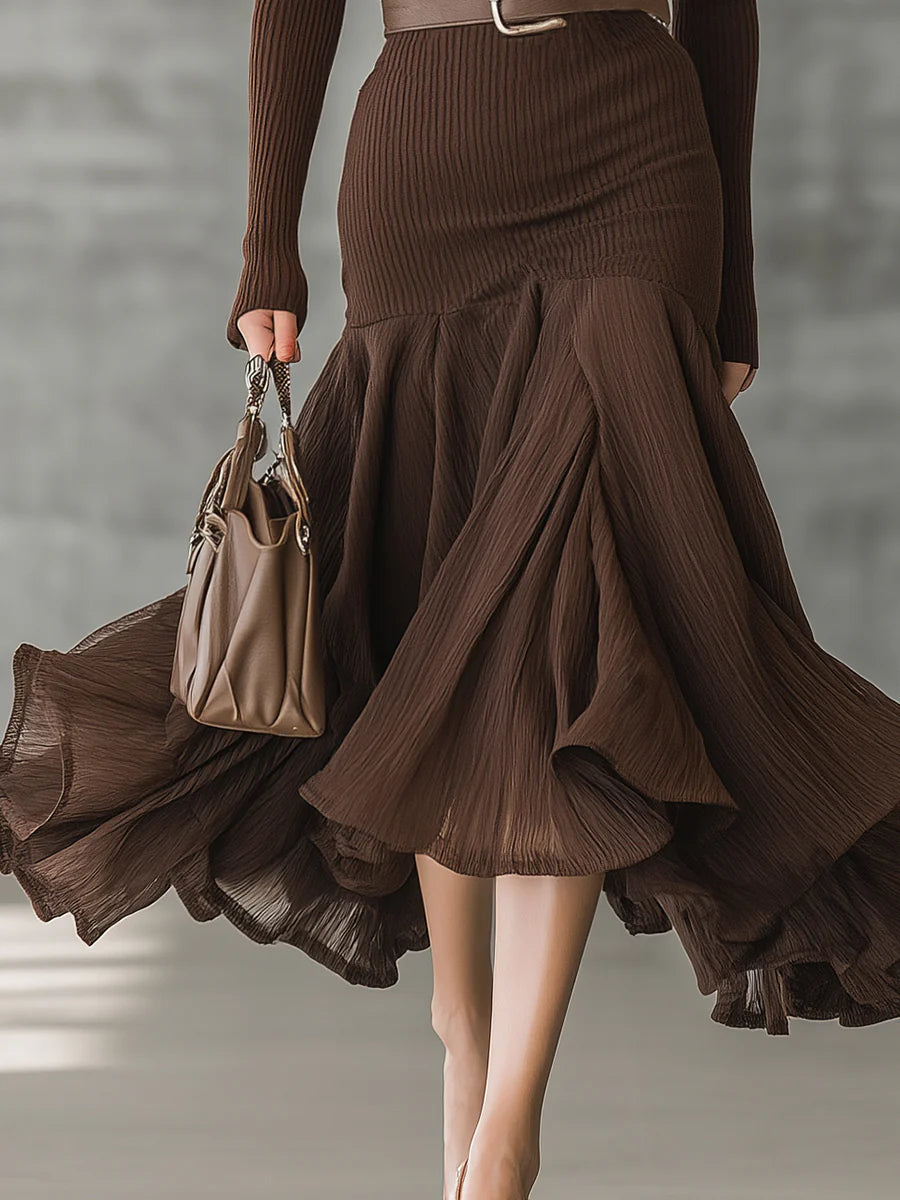 Simple V-neck Hem Stitching Crinkled Midi Dress