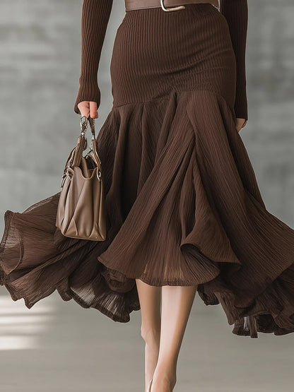 Simple V-neck Hem Stitching Crinkled Midi Dress