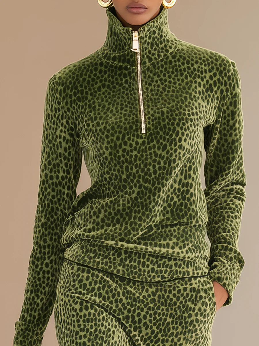 Retro Leopard Print Stand Collar Velvet Top + Skirt Set