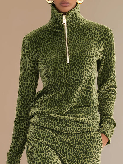 Retro Leopard Print Stand Collar Velvet Top + Skirt Set