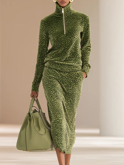 Retro Leopard Print Stand Collar Velvet Top + Skirt Set