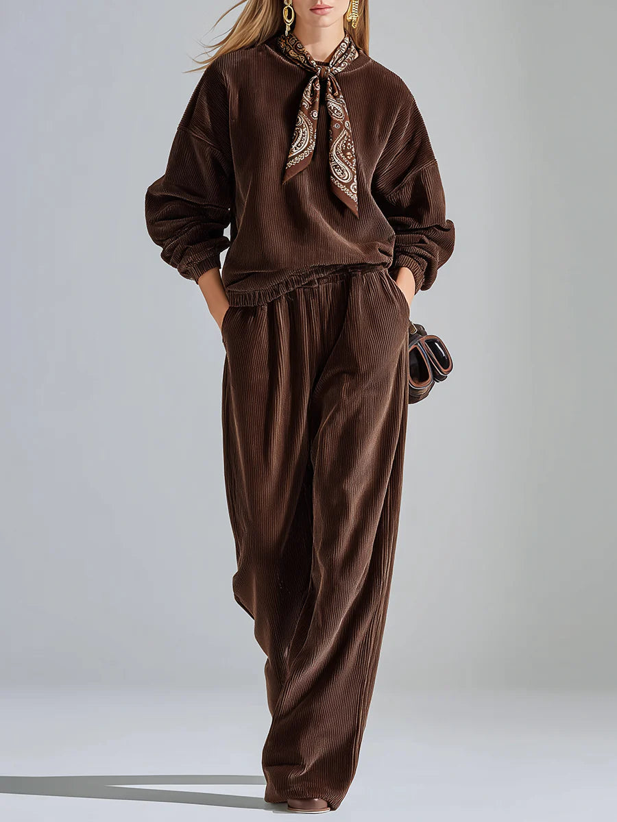 Casual solid color corduroy sweatshirt and wide-leg pants set
