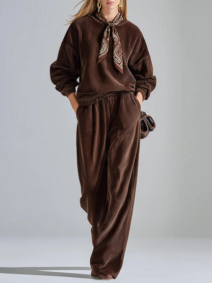 Casual solid color corduroy sweatshirt and wide-leg pants set