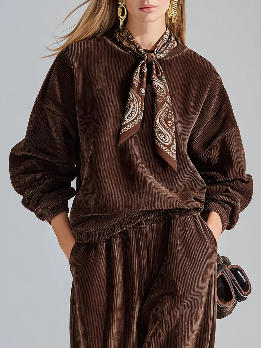 Casual solid color corduroy sweatshirt and wide-leg pants set