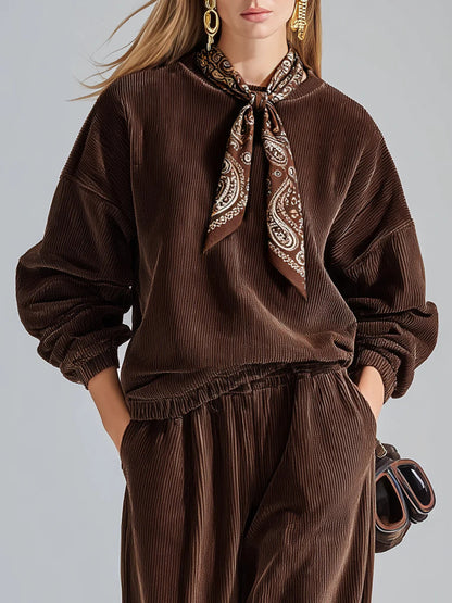 Casual solid color corduroy sweatshirt and wide-leg pants set
