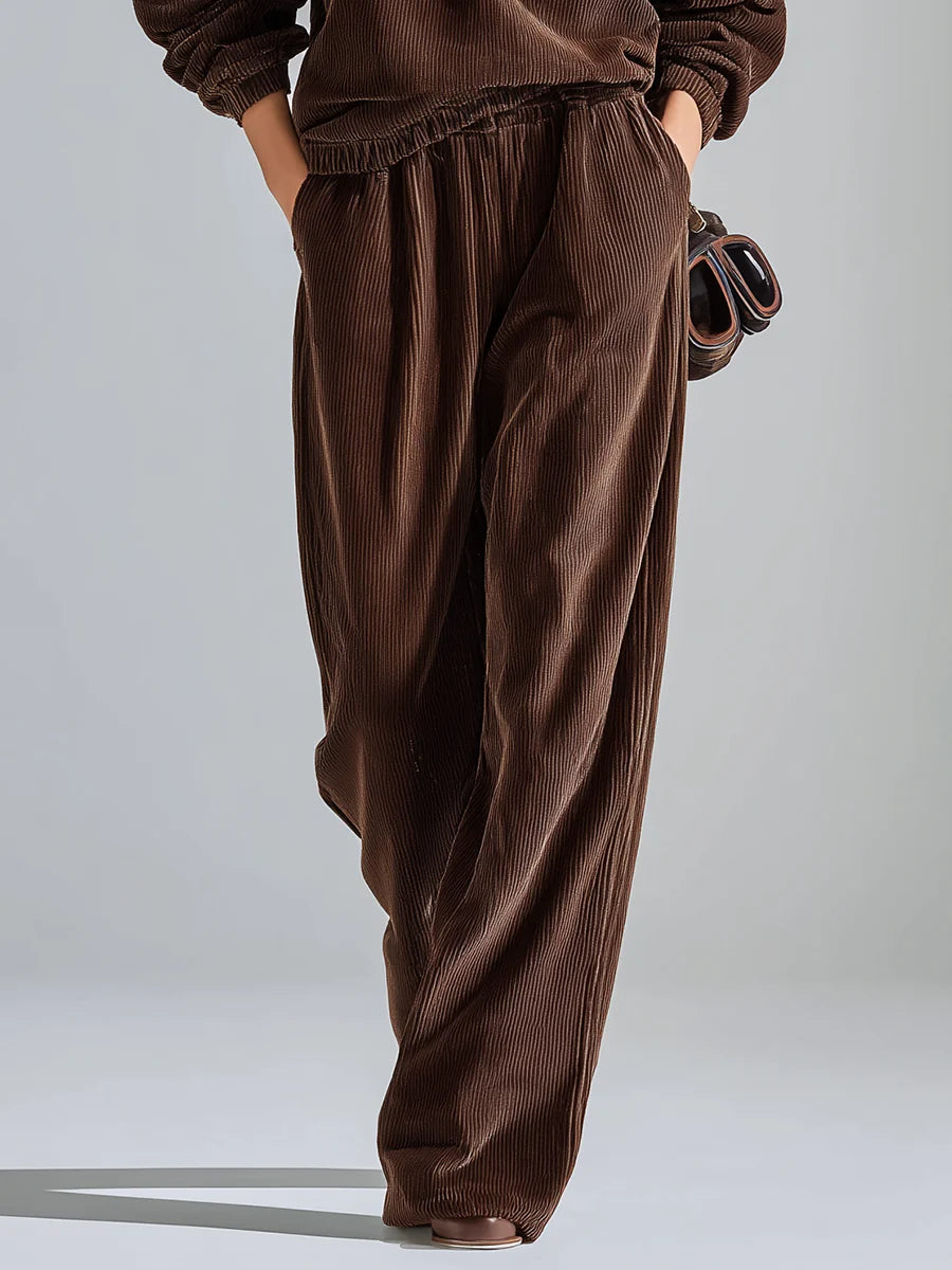 Casual solid color corduroy sweatshirt and wide-leg pants set