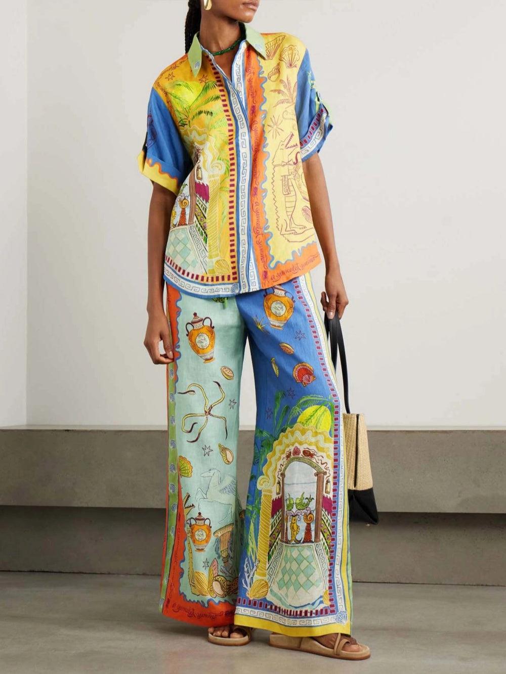 Summer Fantasy Print Short Sleeve Loose Top and Pants Set