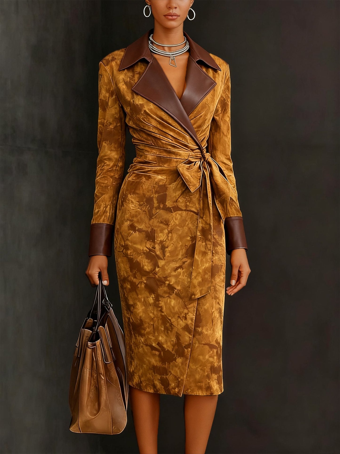 Suede patchwork color-blocked faux leather coat with lapel (including belt)