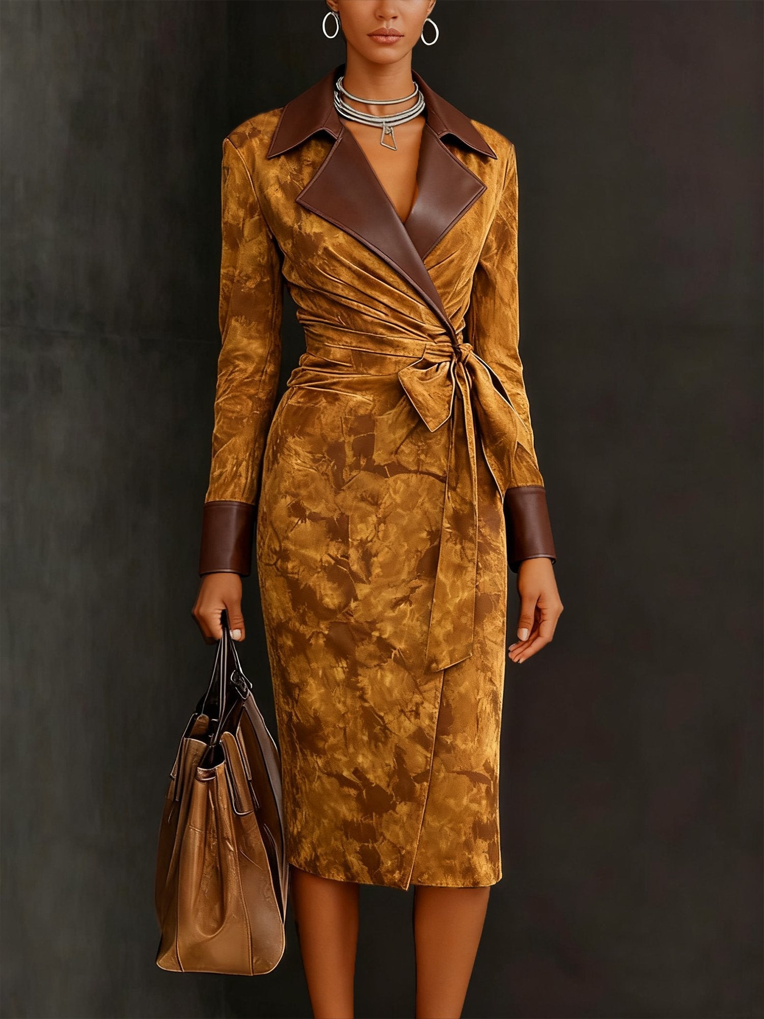 Suede patchwork color-blocked faux leather coat with lapel (including belt)
