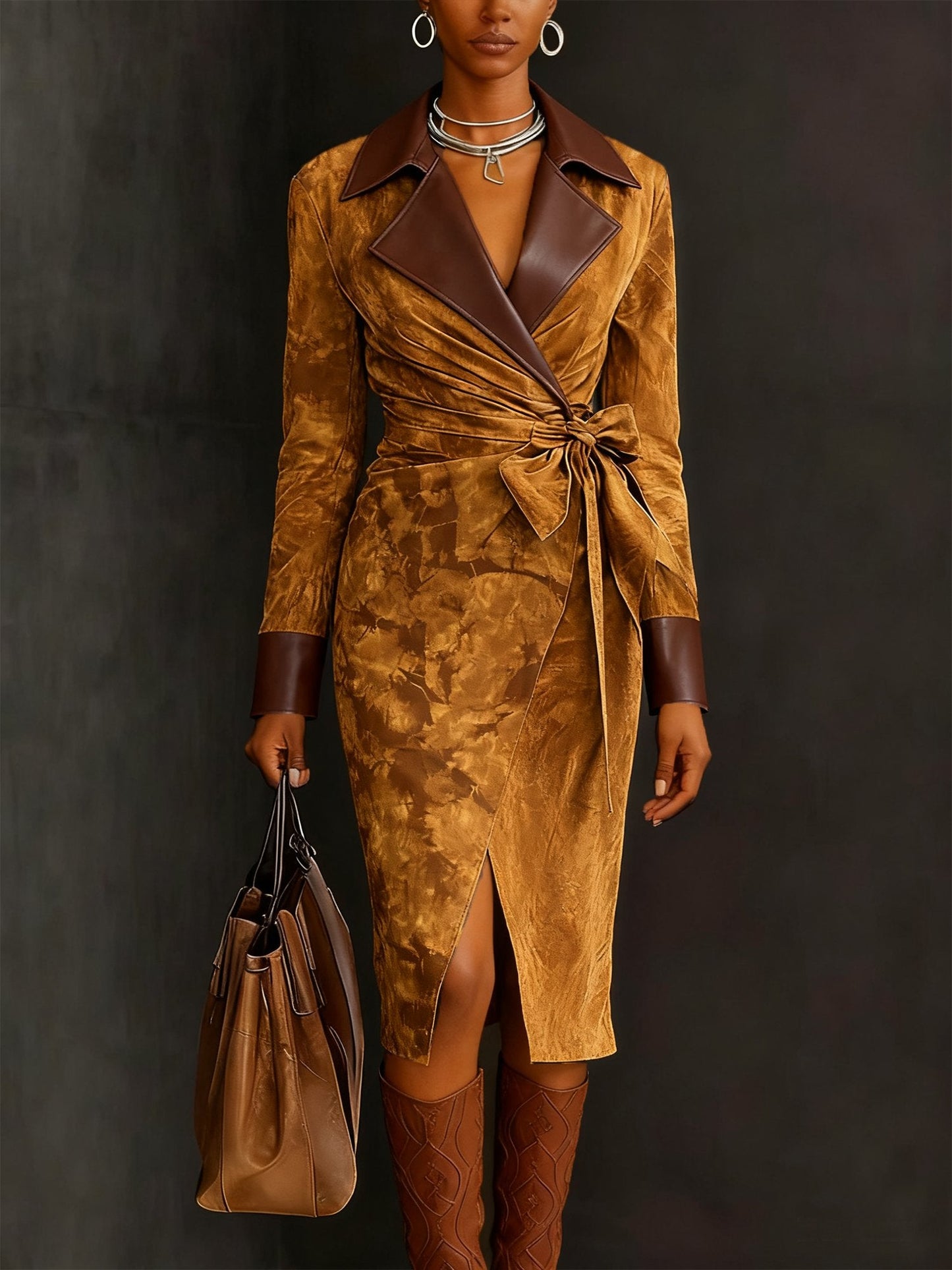 Suede patchwork color-blocked faux leather coat with lapel (including belt)