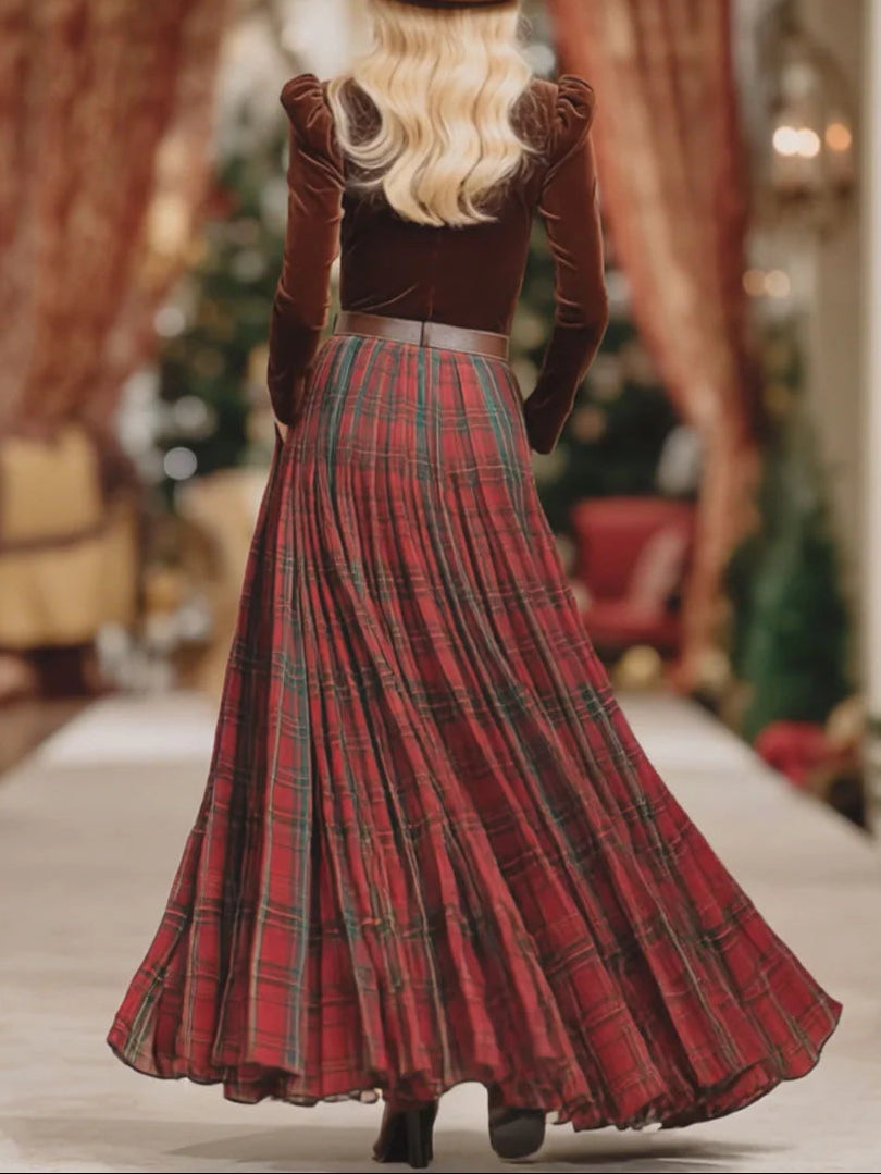 V-neck Lace Long-sleeved T-shirt And Red Plaid Skirt Set(Includes belt)