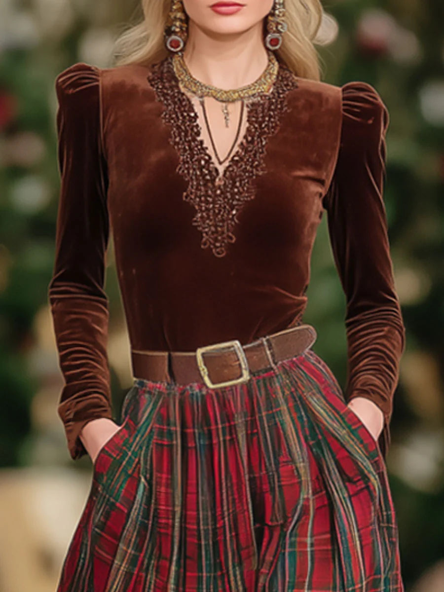 V-neck Lace Long-sleeved T-shirt And Red Plaid Skirt Set(Includes belt)