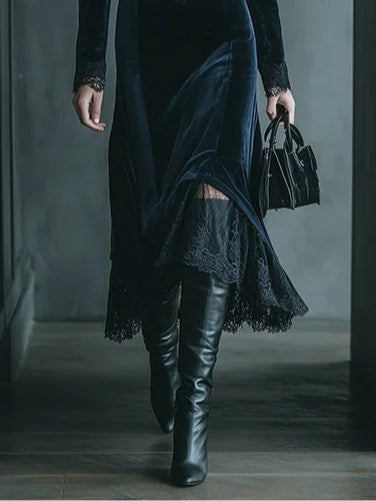 V-neck long-sleeved lace-trimmed velvet midi dress