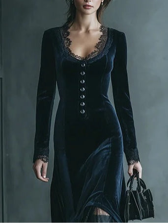 V-neck long-sleeved lace-trimmed velvet midi dress