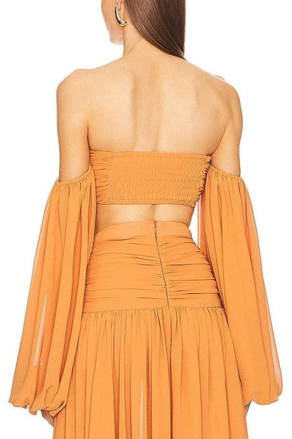 Chiffon high waist flowy asymmetric draped maxi skirt set