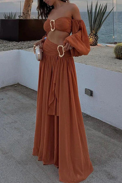 Chiffon high waist flowy asymmetric draped maxi skirt set