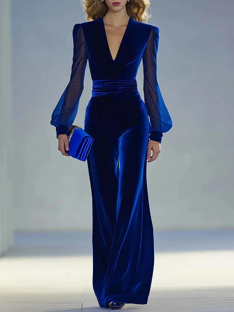 Retro elegant V-neck mesh long-sleeved royal velvet jumpsuit - NuaVibe