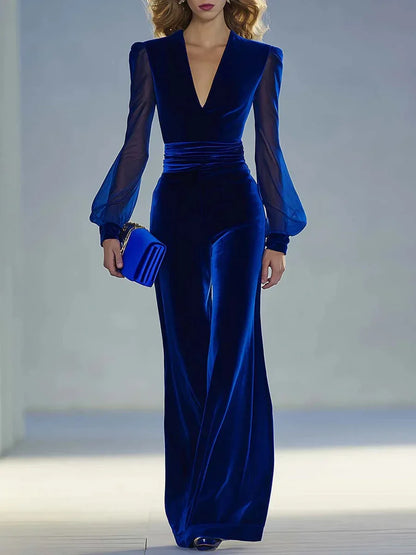 Retro elegant V-neck mesh long-sleeved royal velvet jumpsuit - NuaVibe