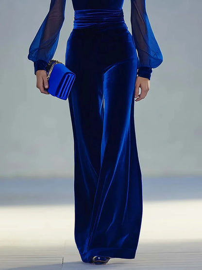 Retro elegant V-neck mesh long-sleeved royal velvet jumpsuit - NuaVibe