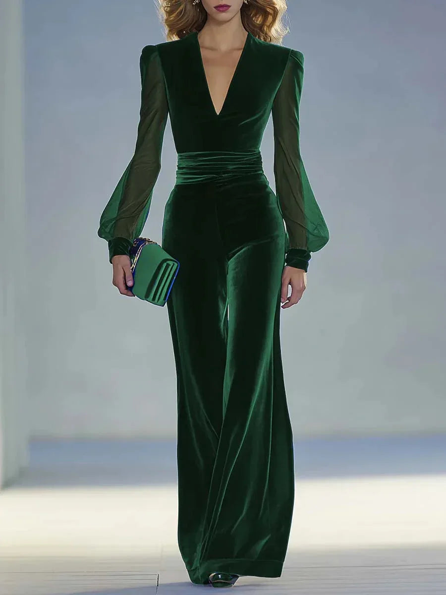 Retro elegant V-neck mesh long-sleeved royal velvet jumpsuit - NuaVibe