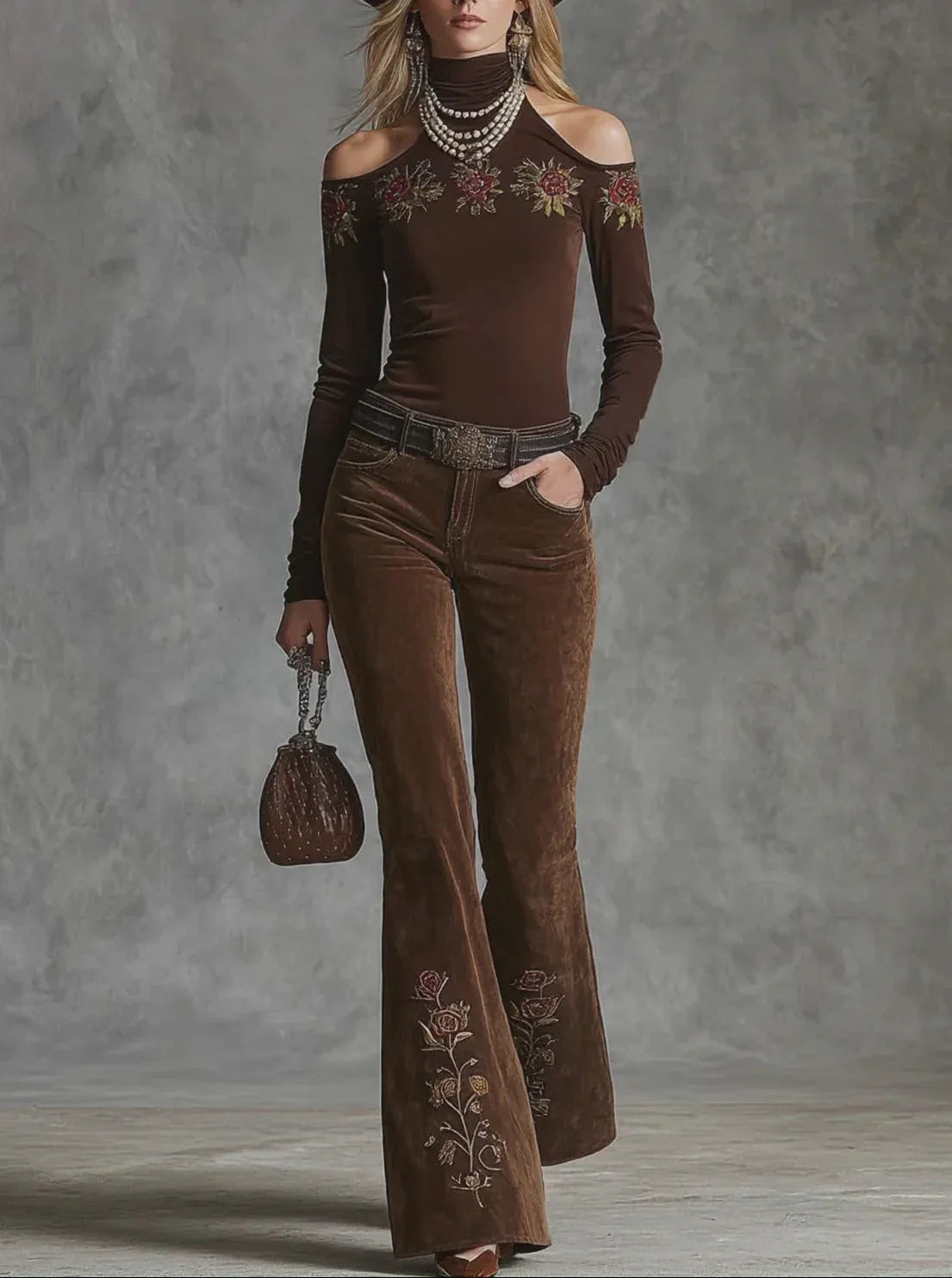 Embroidered off-the-shoulder top and suede trousers set（Includes belt） - NuaVibe
