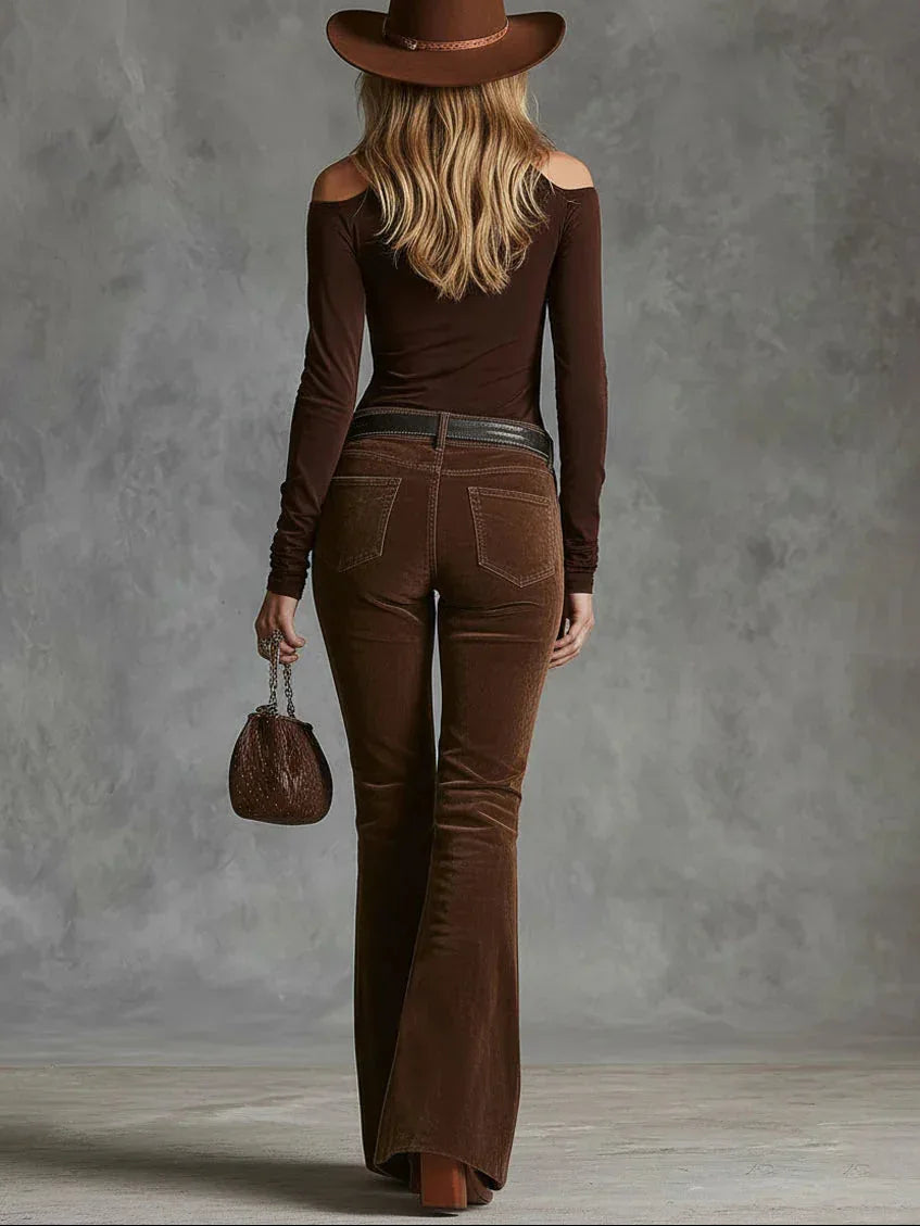 Embroidered off-the-shoulder top and suede trousers set（Includes belt） - NuaVibe