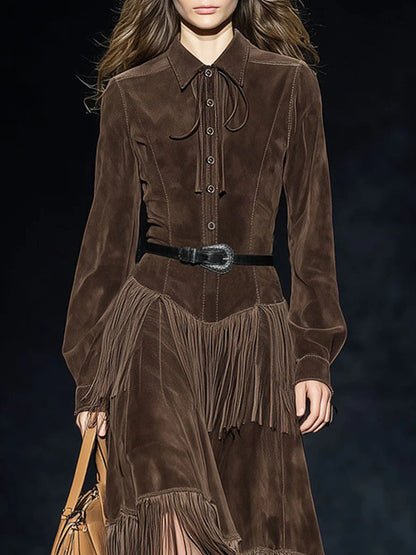 Retro Dark Brown Faux Suede Two-Layer Tassel Long-Sleeved Midi Dress（Includes belt）