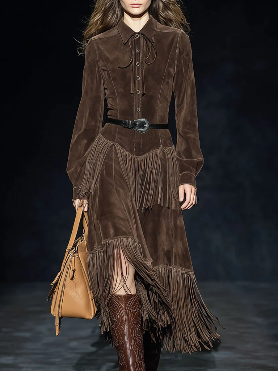 Retro Dark Brown Faux Suede Two-Layer Tassel Long-Sleeved Midi Dress（Includes belt）