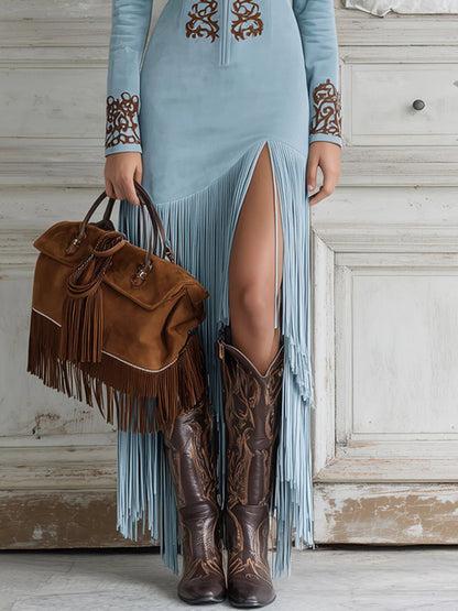 Western Half-Zip Embroidered Faux Suede Fringe Maxi Dress