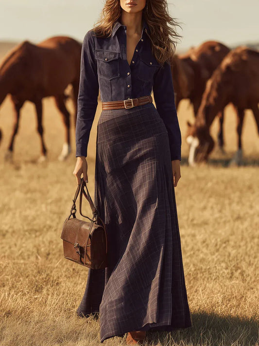 Western retro plaid patchwork navy blue faux suede maxi skirt (with belt)