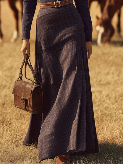 Western retro plaid patchwork navy blue faux suede maxi skirt (with belt)