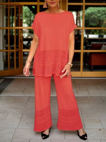 Hollow Crew Neck Short-sleeved Top and Wide-leg Pants Set