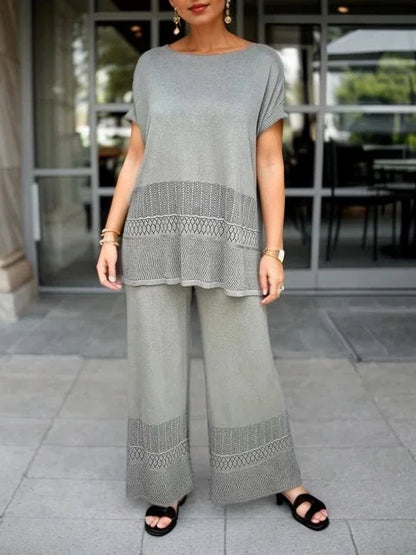 Hollow Crew Neck Short-sleeved Top and Wide-leg Pants Set