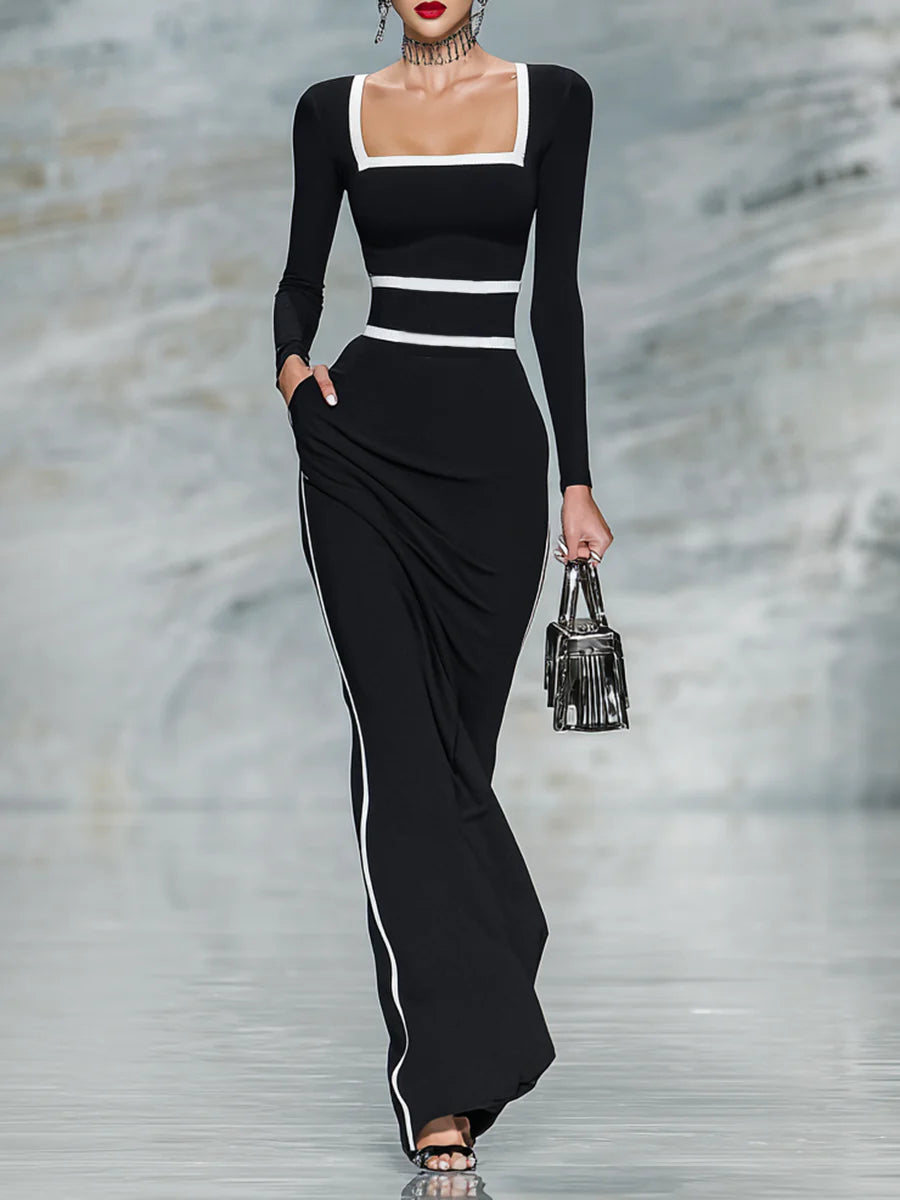 Black And White Trim Square Neck Long Sleeve Tight Maxi Dress