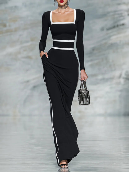 Black And White Trim Square Neck Long Sleeve Tight Maxi Dress