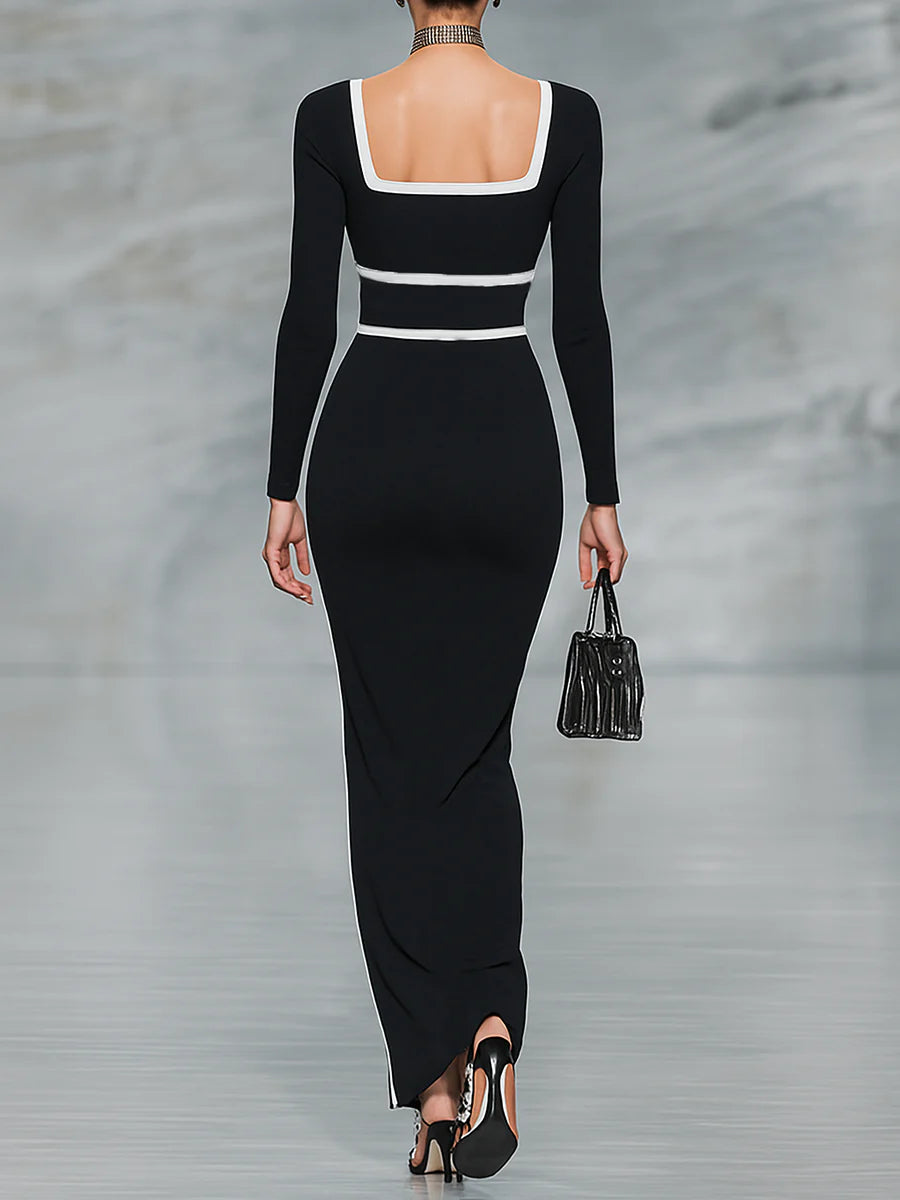 Black And White Trim Square Neck Long Sleeve Tight Maxi Dress