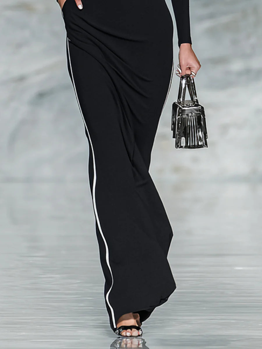 Black And White Trim Square Neck Long Sleeve Tight Maxi Dress