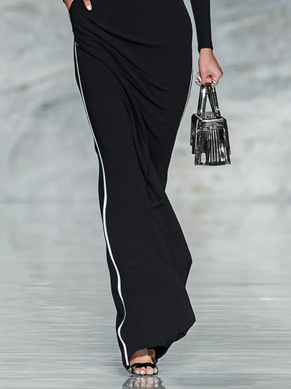 Black And White Trim Square Neck Long Sleeve Tight Maxi Dress