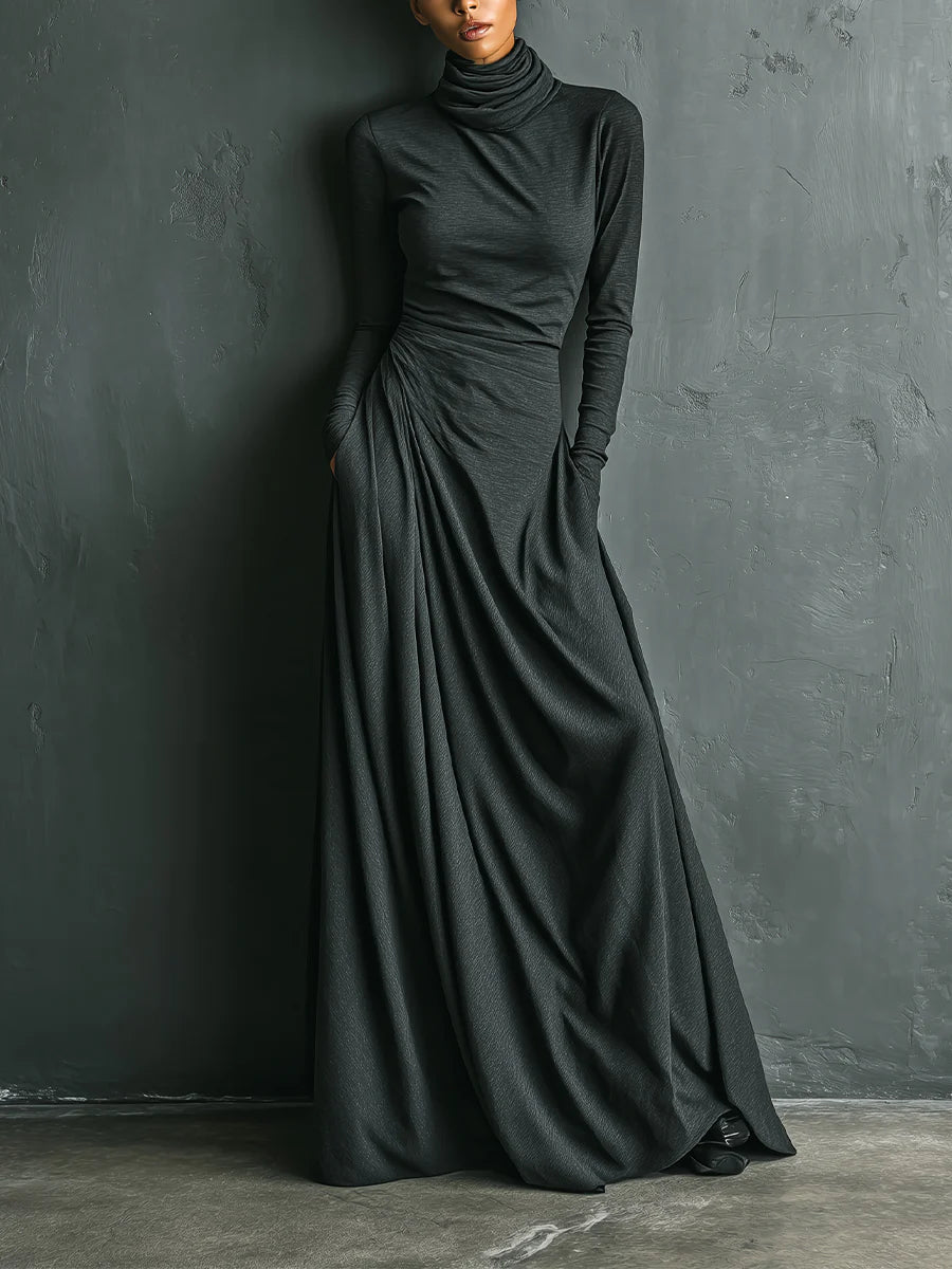 Elegant Stretch Polyester-Cotton Blend Turtleneck Draped Maxi Dress
