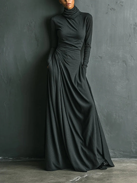 Elegant Stretch Polyester-Cotton Blend Turtleneck Draped Maxi Dress