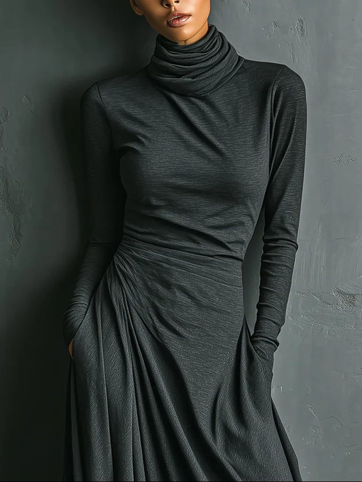Elegant Stretch Polyester-Cotton Blend Turtleneck Draped Maxi Dress