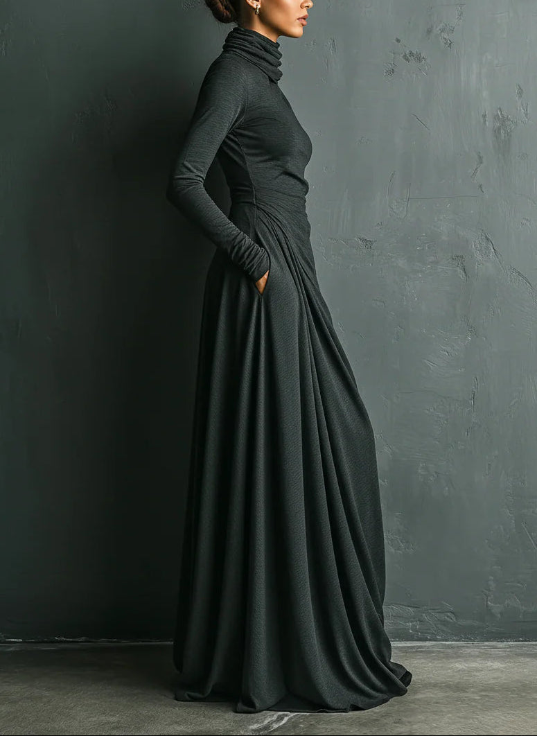 Elegant Stretch Polyester-Cotton Blend Turtleneck Draped Maxi Dress