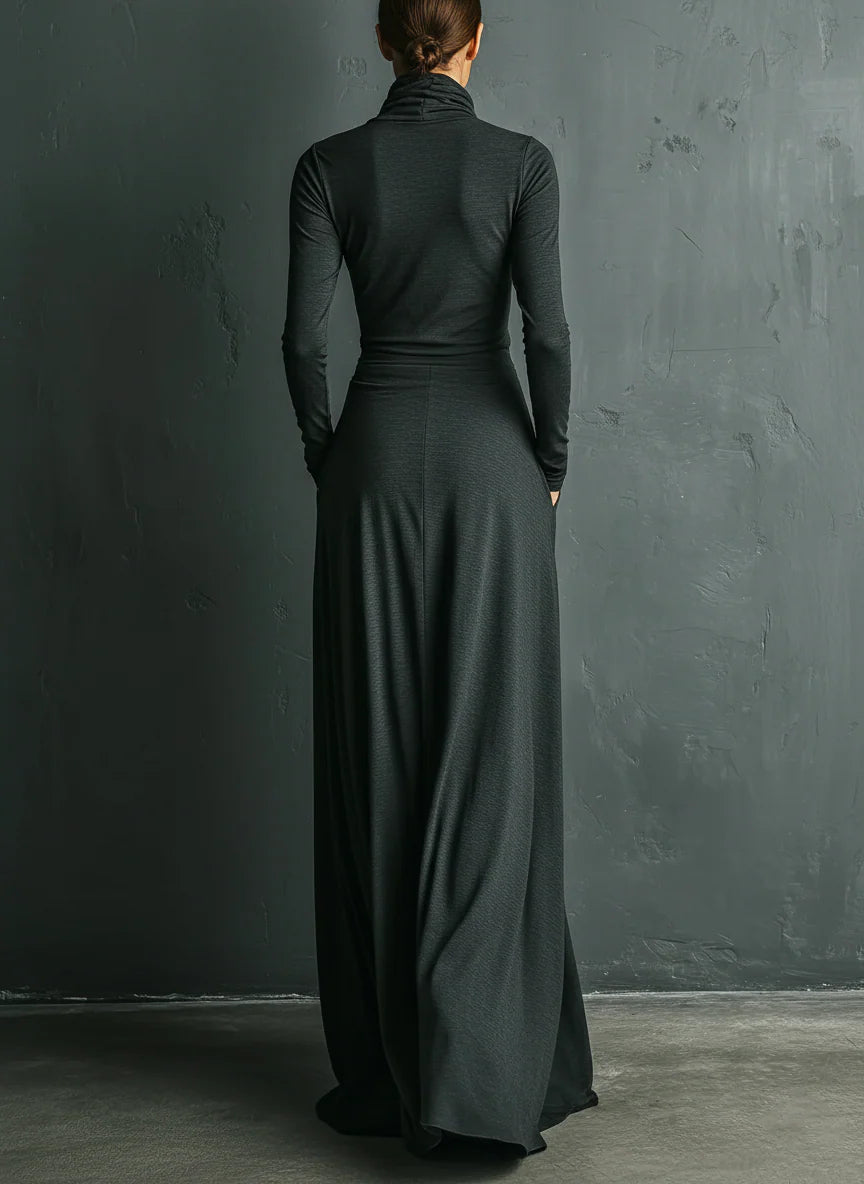 Elegant Stretch Polyester-Cotton Blend Turtleneck Draped Maxi Dress
