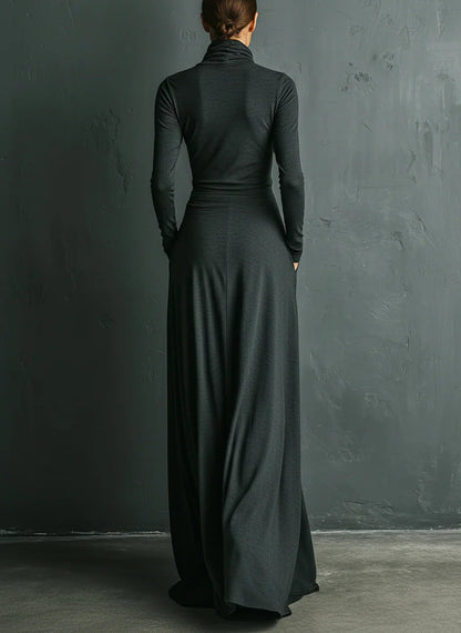 Elegant Stretch Polyester-Cotton Blend Turtleneck Draped Maxi Dress