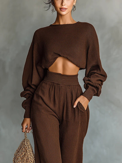 Coffee-colored Short Top And Wide-leg Pants Knitted Set