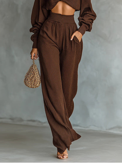 Coffee-colored Short Top And Wide-leg Pants Knitted Set