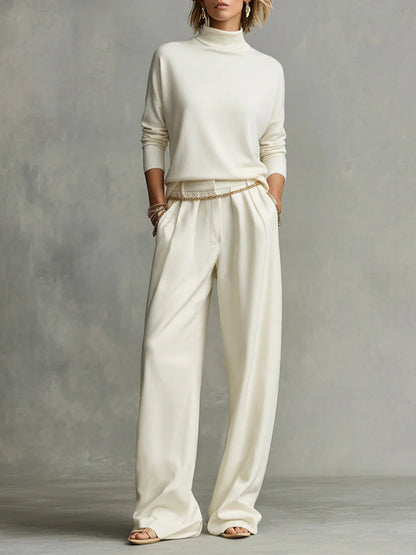 Soft turtleneck top and flowing wide-leg pants set (including waist chain)