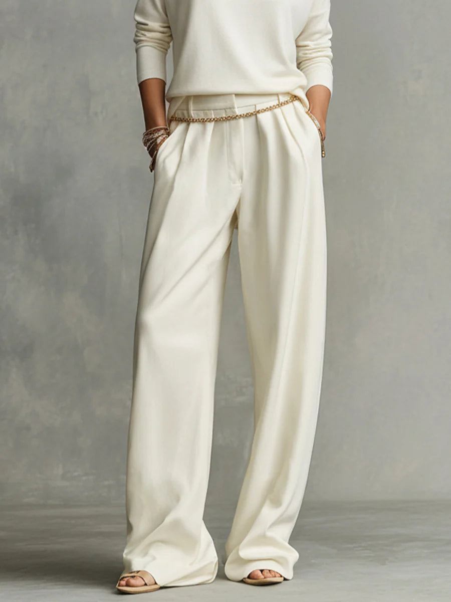 Soft turtleneck top and flowing wide-leg pants set (including waist chain)