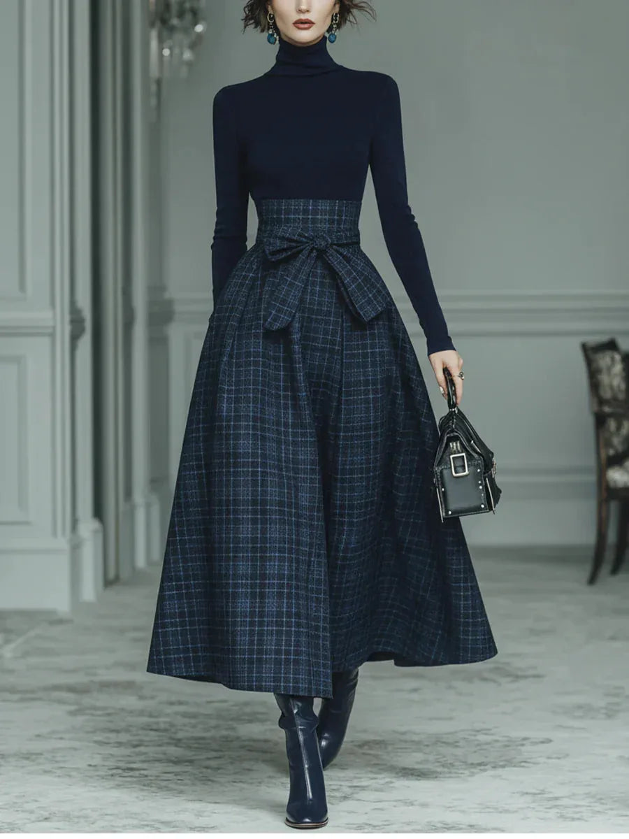 Dark blue turtleneck stretch top and plaid skirt set - NuaVibe